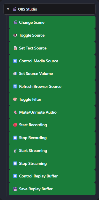 OBS Studio action list in the Social Stream Ninja Event Flow Editor