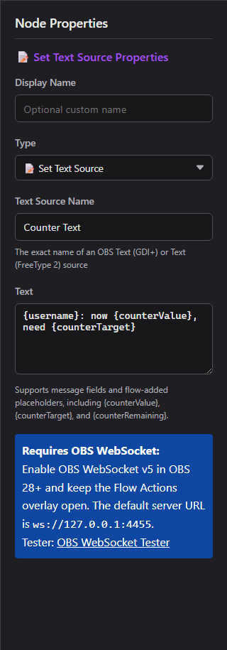Set Text Source properties with counter template variables
