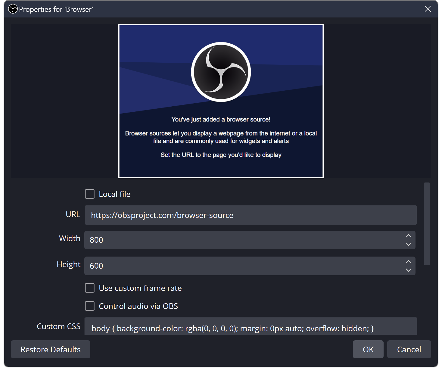 OBS Browser Source properties showing the URL field and Control audio via OBS checkbox