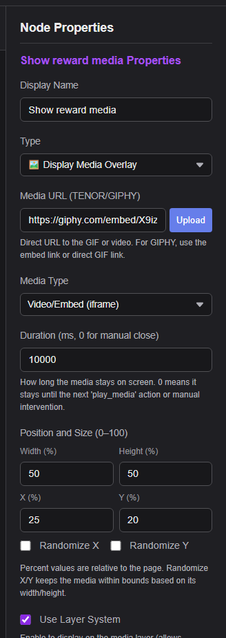 Event Flow Display Media Overlay properties showing the Media URL field and Upload button