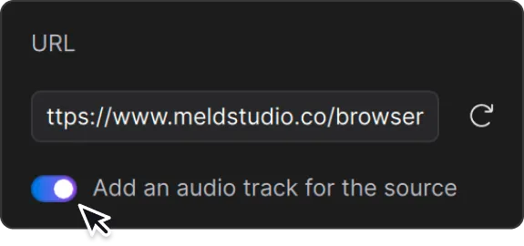 Meld Browser Inspector showing the URL field, reload button, and optional audio-track switch