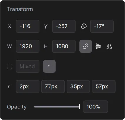 Meld Transform panel with W and H dimension fields and the aspect-ratio chain beside them
