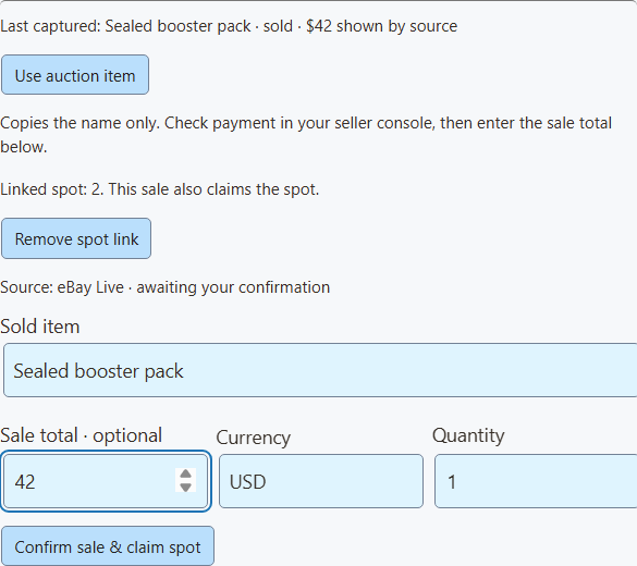 Seller confirms a captured eBay Live item and claims its linked spot