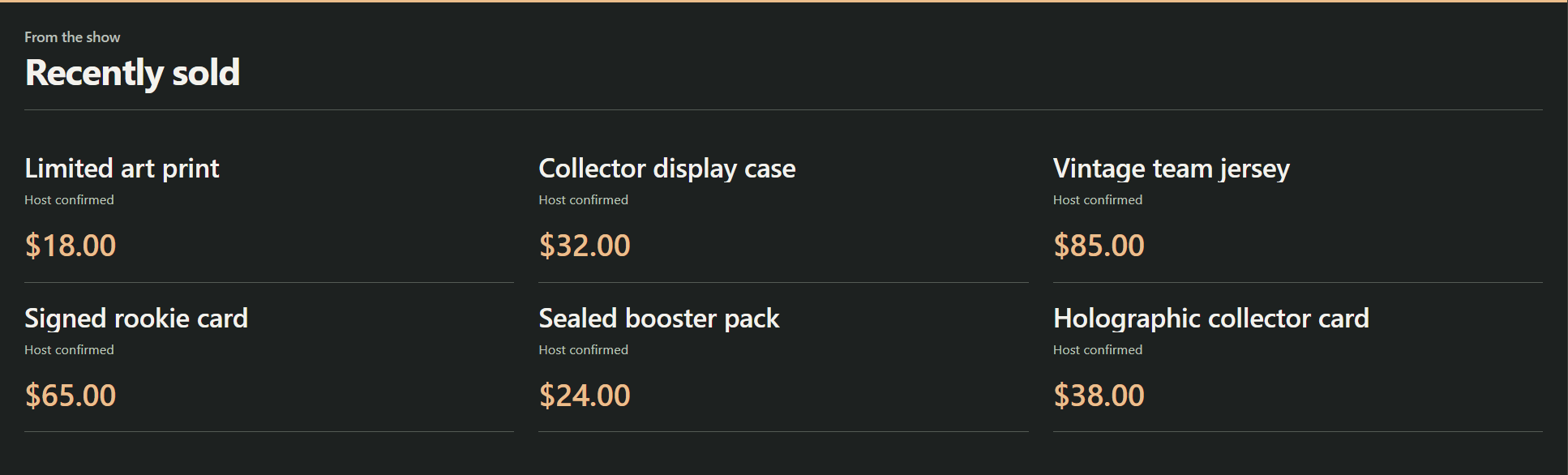 Recent-sales wall with six fictional sold items and their prices