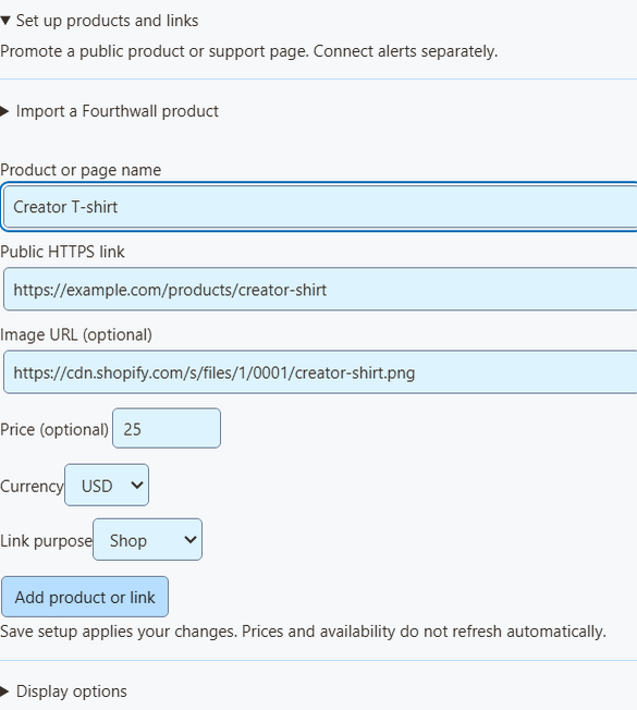 Imported Shopify product name, image URL, price and canonical public link in the shared product editor