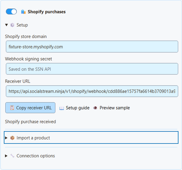 SSApp Shopify setup with store domain, cleared signing secret, receiver URL and status