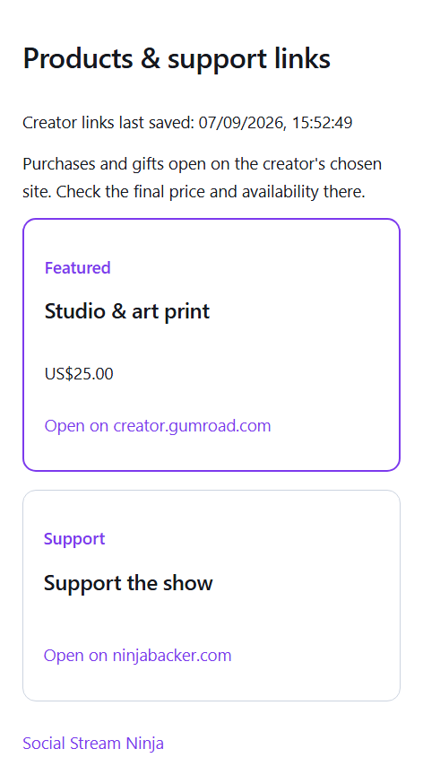 Mobile viewer page showing featured merchandise and a support link