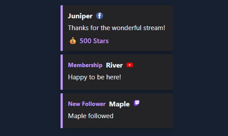 Recent Events - Broadcast overlay with sample messages