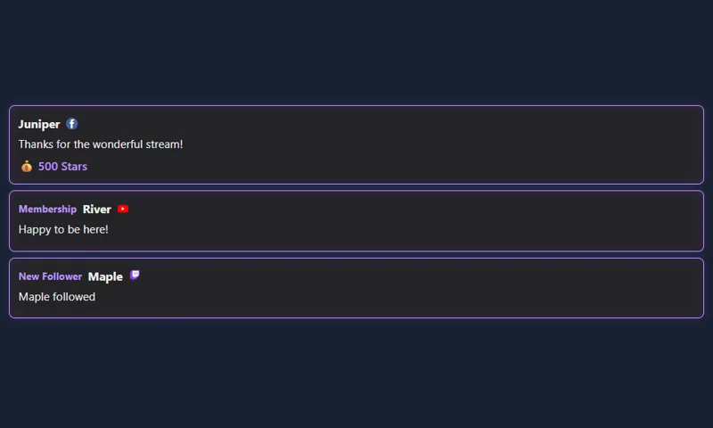 Recent Events - Neon overlay with sample messages