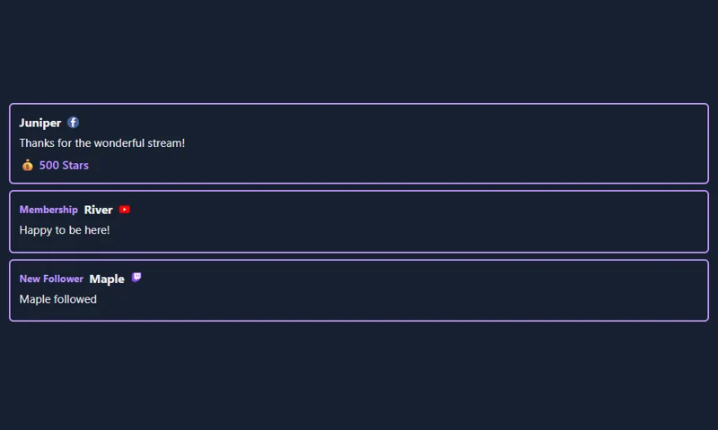 Recent Events - Outlined overlay with sample messages