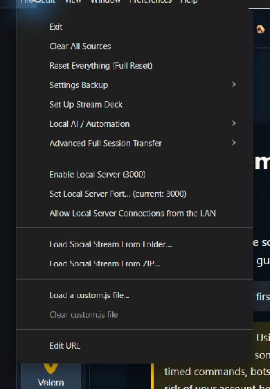 Social Stream Ninja desktop app File menu showing the Enable Local Server command