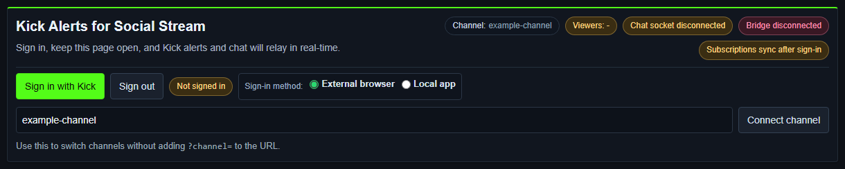 Kick Alerts for Social Stream source showing channel status, chat socket, bridge, subscription status, authentication methods, and channel slug input