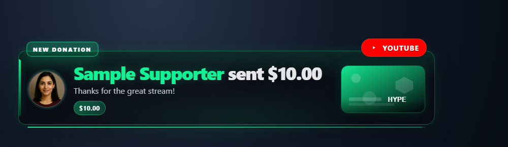 Multi Alerts donation preview showing a styled donation card and preview controls