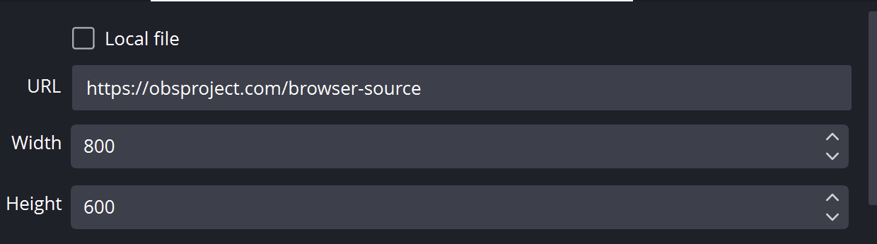 OBS Browser Source Properties showing the Local file checkbox and URL field
