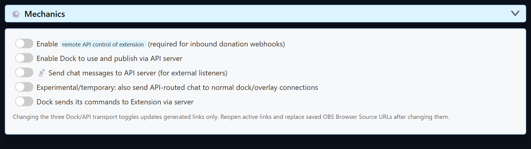 Social Stream Ninja global Mechanics controls for remote API control, Dock API-server publishing, external chat listeners, additive delivery, and Dock commands via server