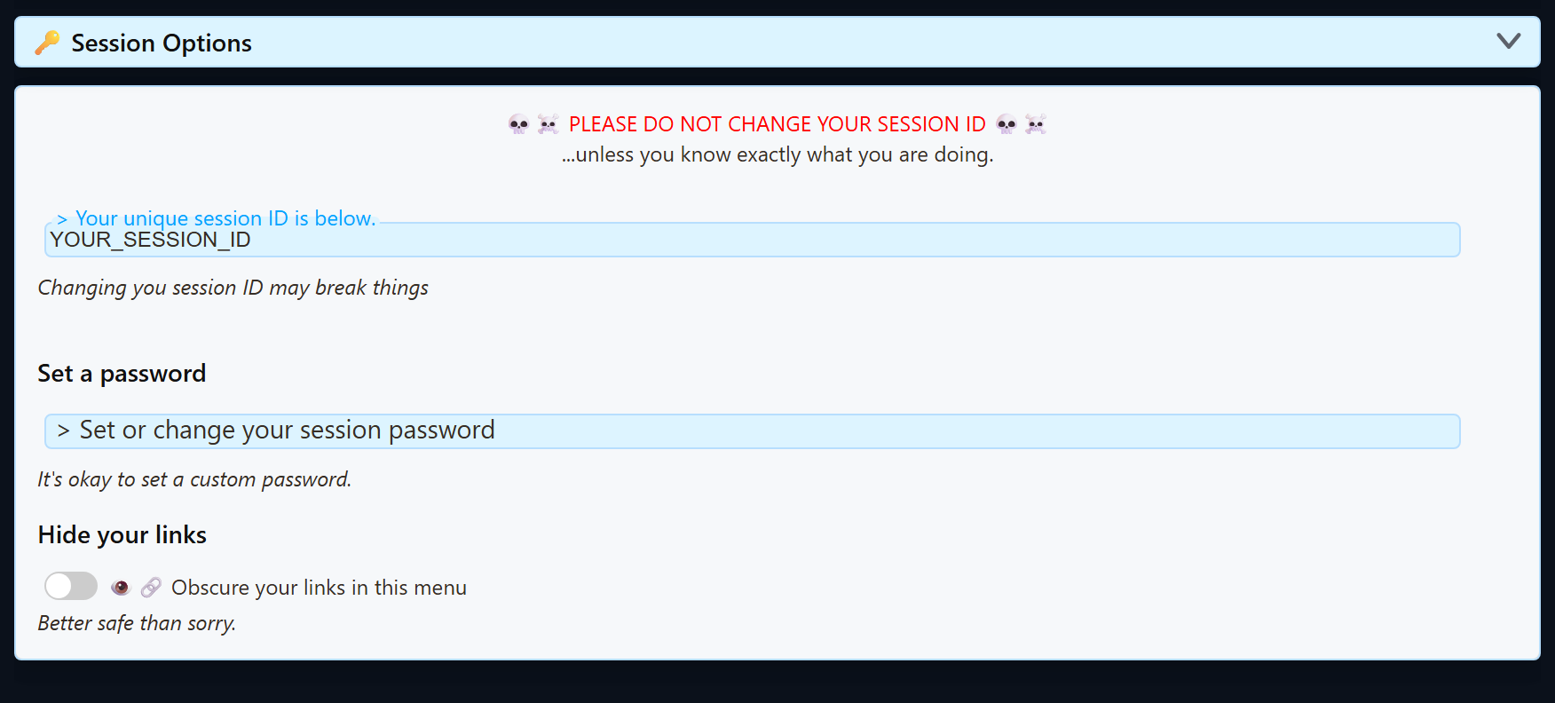 Social Stream Ninja Session Options showing the session ID field, optional password field, and Hide your links control