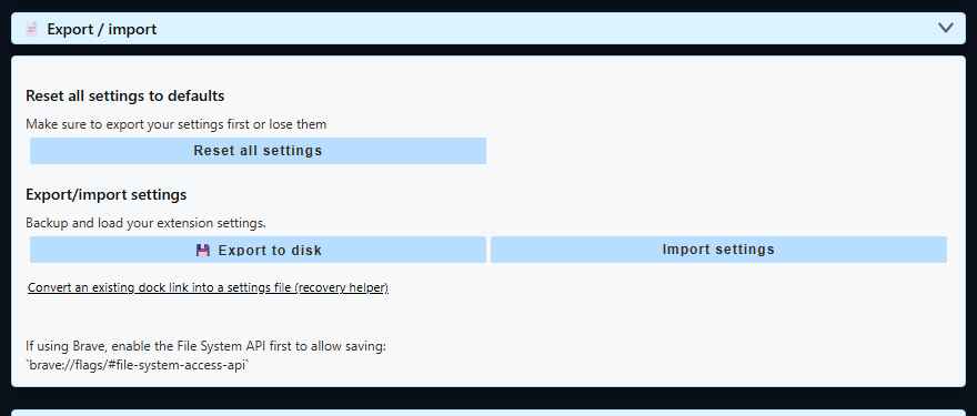 Social Stream Ninja Export and import section showing Reset all settings, Export to disk, Import settings, and the dock-link recovery helper