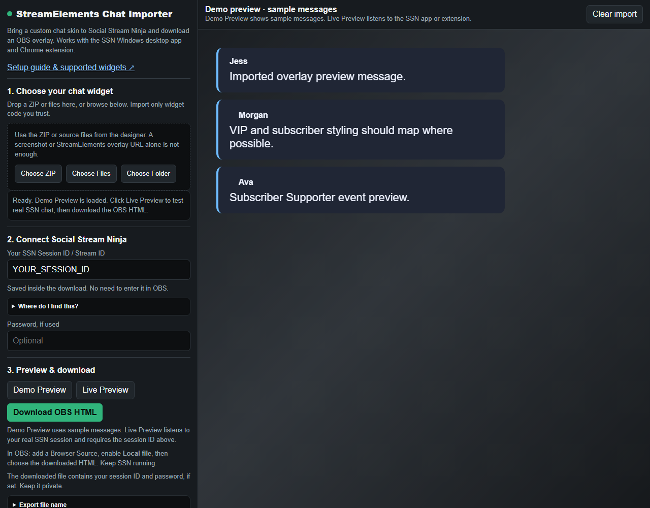 Chat importer showing the three setup steps beside sample chat messages, with Demo Preview, Live Preview and Download OBS HTML controls.