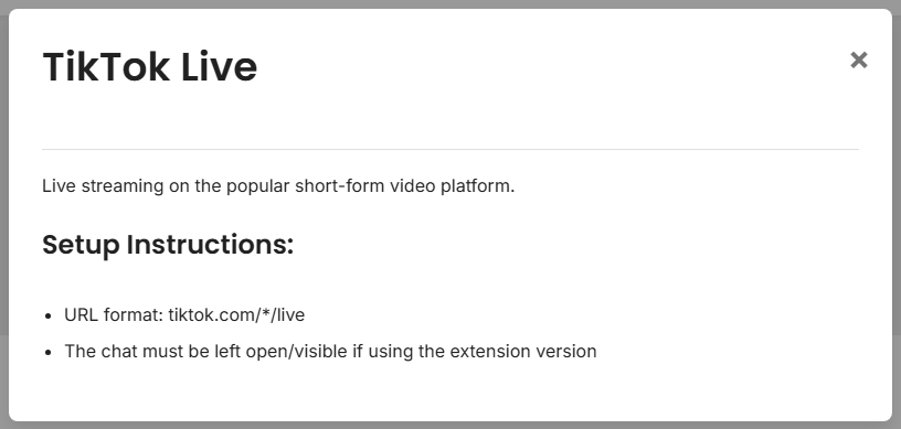 TikTok Live setup modal showing live page setup guidance