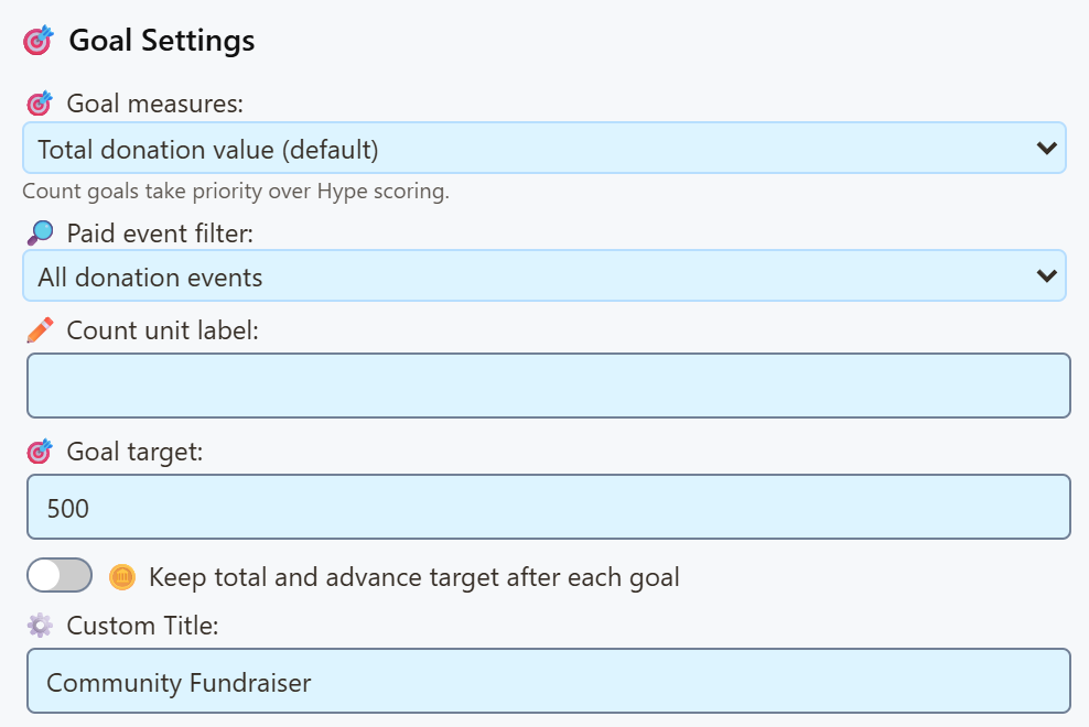 Goal Settings with Goal target set to 500 and Custom Title set to Community Fundraiser.