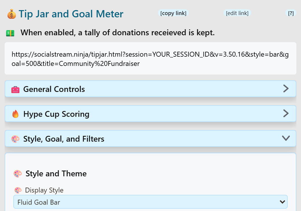 Tip Jar and Goal Meter menu with Style, Goal, and Filters expanded and Fluid Goal Bar selected.