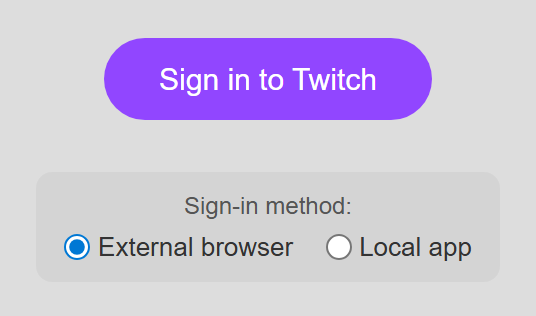 Twitch source sign-in screen with External browser and Local app sign-in methods