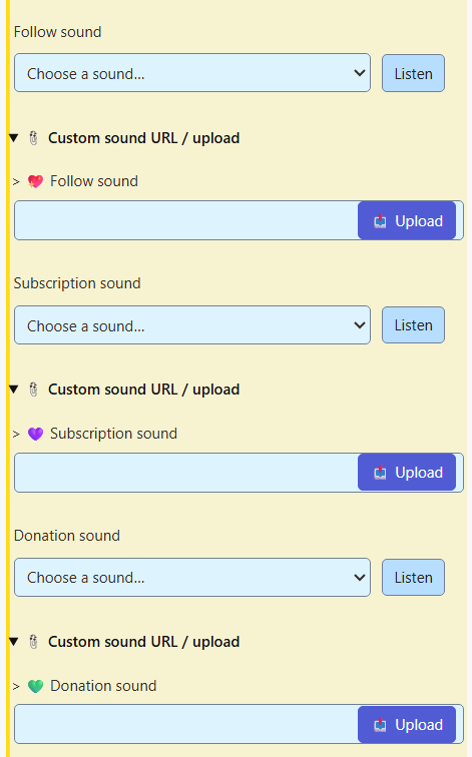 Each alert category has its own sound picker and upload option.
