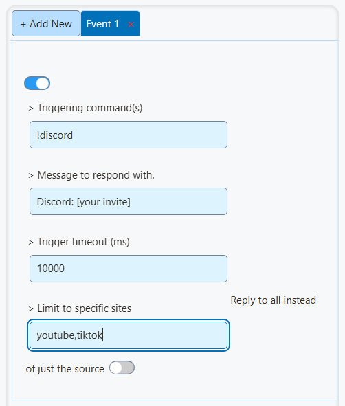 One enabled entry: a command, a reply, and a cooldown.