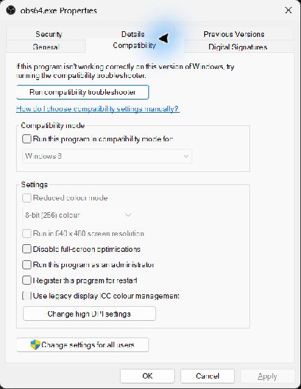 Windows Compatibility tab for obs64.exe showing Run this program as an administrator