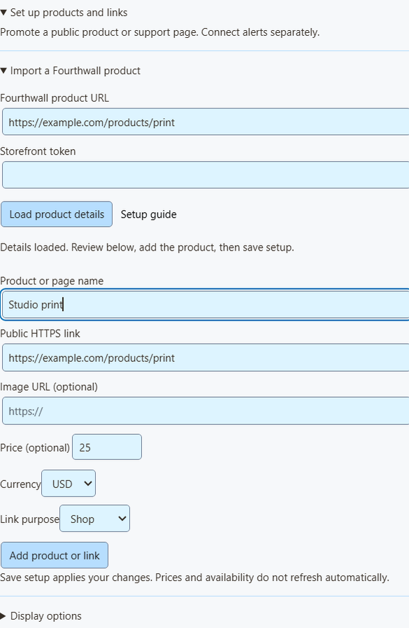 Fourthwall import controls and loaded product fields ready for review in SSApp