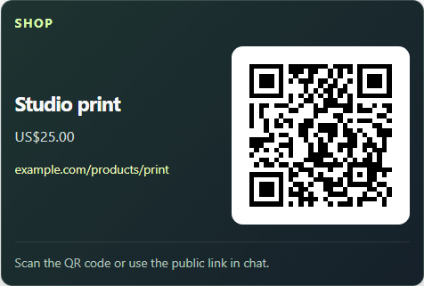 Cropped product showcase displaying a product name, price, readable public link and QR code