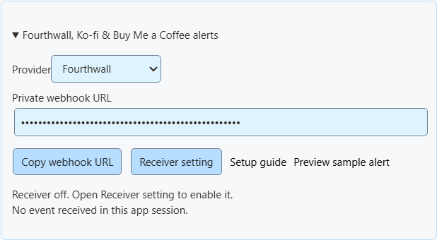 SSN provider selector, masked webhook URL, receiver setting, setup guide and sample preview controls
