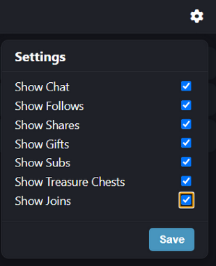 TikFinity Activity Feed settings with Show Chat, Follows, Shares, Gifts, Subs, Treasure Chests, and Joins enabled, plus the Save button