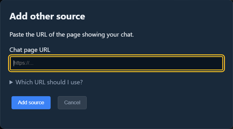 Social Stream desktop app's Add other source dialog with the Chat page URL field and Add source button