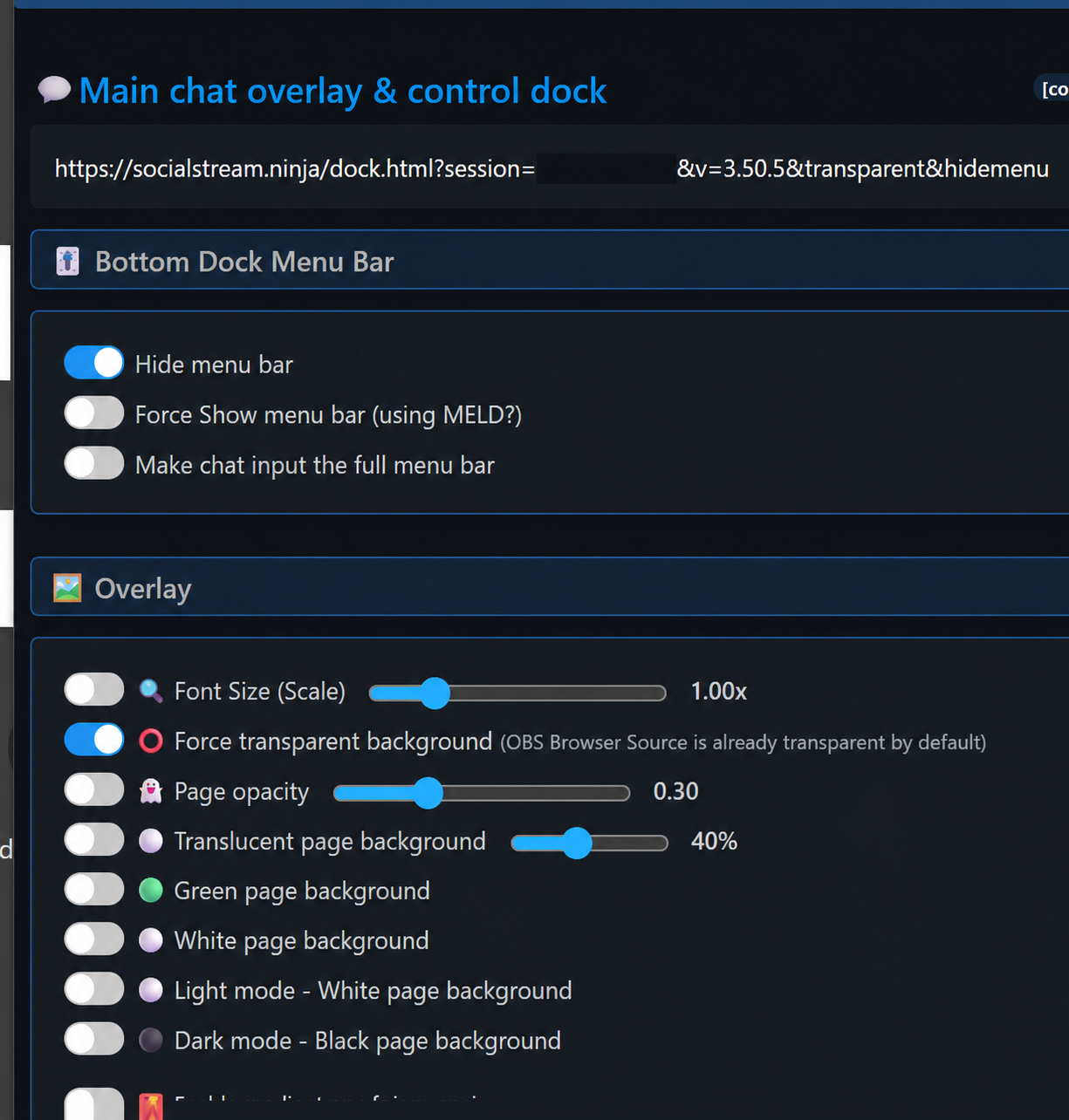 Social Stream Ninja settings with Hide menu bar and Force transparent background enabled