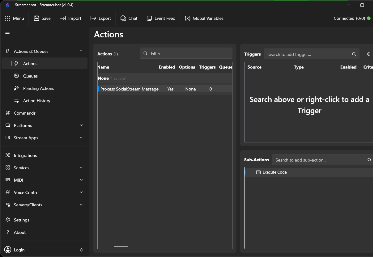 Streamer.bot Actions page showing Process SocialStream Message action with Execute Code sub-action