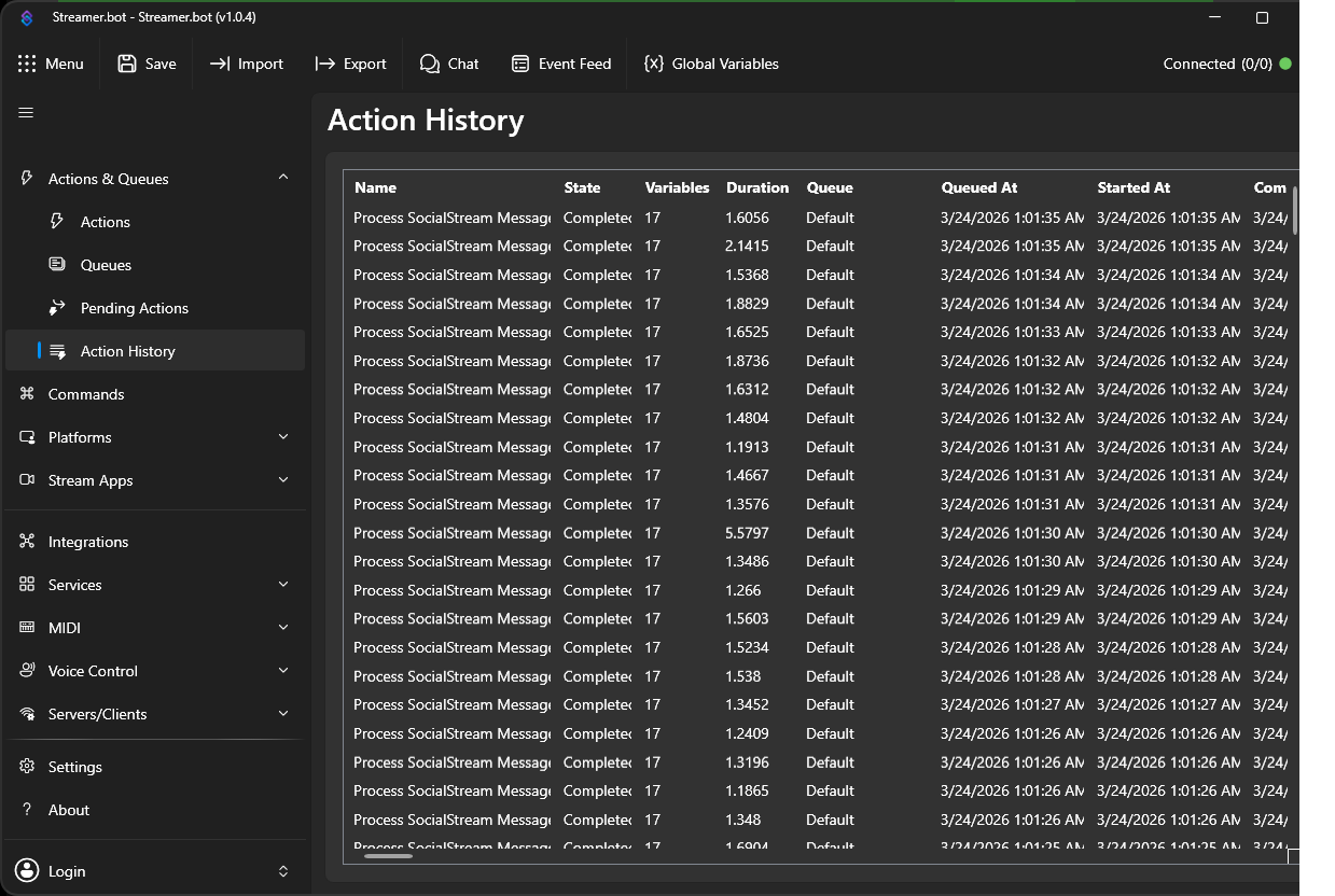 Streamer.bot Action History showing completed Process SocialStream Message runs