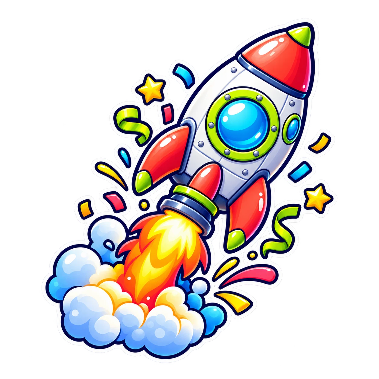 A colorful sticker rocket blasting through confetti